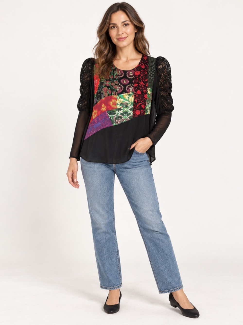 Desigual Kamirow Blouse L Black Floral Patchwork Lace Sleeve Long Sleeve Top